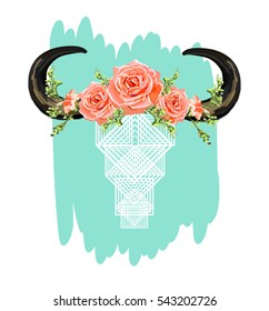 Beautiful vector  horns with flowers. Hand drawn boho chic style design elements with deer antler, roses, branches, leaves and various flowers isolated on white background