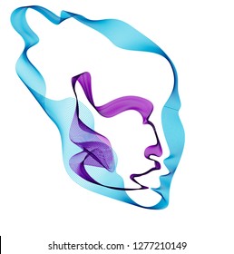 Beautiful vector human face portrait, artistic illustration of man head made of dotted particles array, Artificial Intelligence, pc programming software interface, digital soul.