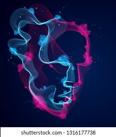 Beautiful vector human face portrait, artistic illustration of man head made of dotted particles array, Artificial Intelligence, pc programming software interface, digital soul.