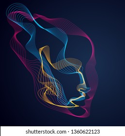 Beautiful vector human face portrait, artistic illustration of man head made of dotted particles array, Artificial Intelligence, pc programming software interface, digital soul.