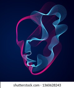 Beautiful vector human face portrait, artistic illustration of man head made of dotted particles array, Artificial Intelligence, pc programming software interface, digital soul.