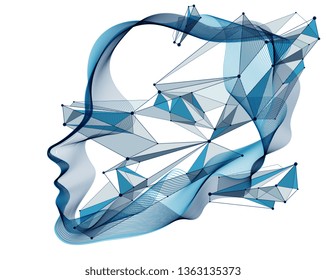 Beautiful vector human face portrait, artistic illustration of man head made of dotted particles array, Artificial Intelligence, pc programming software interface, digital soul.