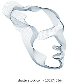 Beautiful vector human face portrait, artistic illustration of man head made of dotted particles array, Artificial Intelligence, pc programming software interface, digital soul.