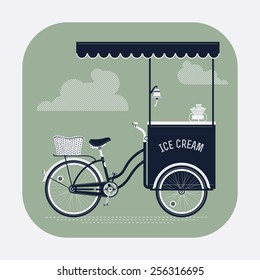 Beautiful vector ice cream bicycle cart vintage classic design round corners icon | Detailed retro ice cream vending cart with awning svg