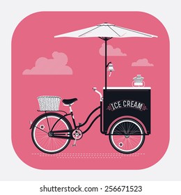 Beautiful vector ice cream retro bicycle cart with sunshade vintage classic design round corners icon | Detailed retro ice cream vending cart with parasol svg