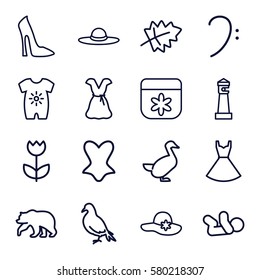 beautiful vector icons. Set of 16 beautiful outline icons such as bear, dove, goose, leaf, lighthouse, baby onesie, baby, flower, woman shoe, woman hat, corset, dress