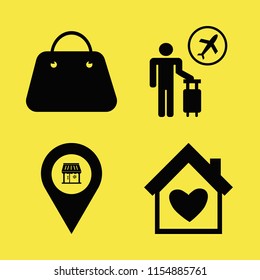beautiful vector icons set. with handbag, house heart, tourist flying and store location in set
