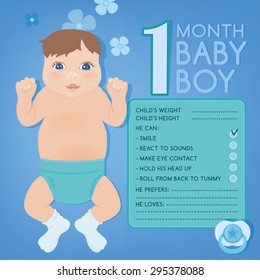 Beautiful vector illustration of a 1 month pretty baby. Childs growth infographic with fill in form. Little baby card with cartoonish hand drawn figure and a pacifier. Colorful image in blue tones.