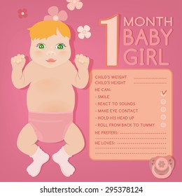 Beautiful vector illustration of a 1 month pretty baby. Childs growth infographic with fill in form. Little baby card with cartoonish hand drawn figure and a pacifier. Colorful image in pink tones.