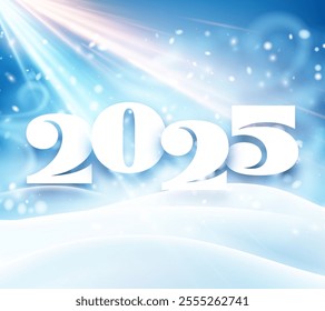 Beautiful vector illustration of 2025 featuring a snowy winter landscape with radiant light rays and frosty effects.