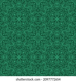 Beautiful vector illustration with abstract green tribal seamless pattern on the dark background