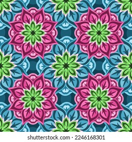 Beautiful vector illustration with abstract pink floral seamless pattern on the blue background