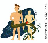 Beautiful vector illustration. Adam and Eve in the Garden of Eden with an apple and a snake.