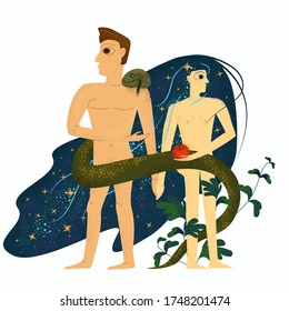 Hermosa ilustración vectorial. Adán y Eva en el Jardín del Edén con una manzana y una serpiente.