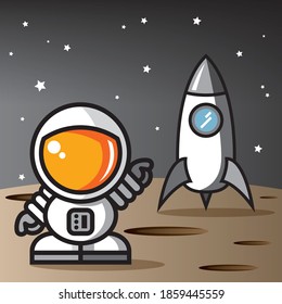 Beautiful vector illustration of astronaut and rocket on the moon or planet with craters