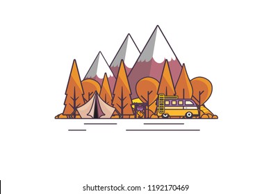 


Beautiful vector illustration autumn abstract landscape with wildcamp and tent. Outline stroke design.
