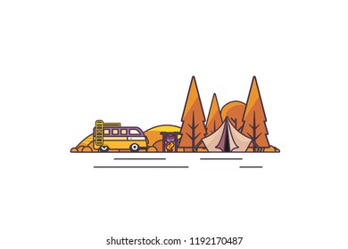 


Beautiful vector illustration autumn abstract landscape with wildcamp and tent. Outline stroke design.
