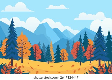Beautiful vector illustration of autumn forest and mountains. Colorful autumn trees in the forest, yellow grass, falling leaves on the background of beautiful mountains. Autumn landscape.