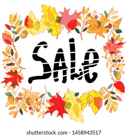 Beautiful vector illustration. Autumn sale. Hand-drawn colored leaves in autumn colors. Lettering phrase