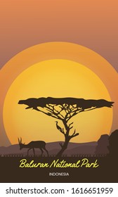 Beautiful vector illustration. Baluran Savana. Nature of Baluran National Park Situbondoi, Indonesia. for poster background