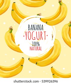 Beautiful vector illustration with banana and milk splashes. Yogurt logo on the yellow banana background.