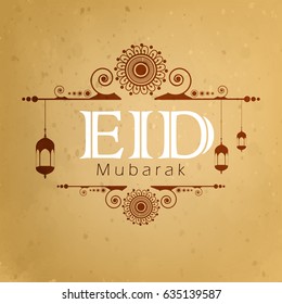 Beautiful Vector Illustration based on stylish text "Eid Mubarak" with Floral Frame and Hanging Lamps for Happy Eid.