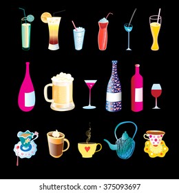 Beautiful vector illustration of beverages in bottles glasses and mugs