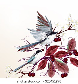 Beautiful vector illustration with birds sitting on a blooming tree and eat berries