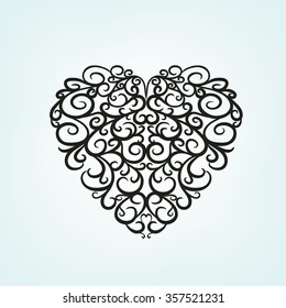 Beautiful vector illustration of a black decorative heart pattern in cute hand drawn style. Editable image on a light gray background useful for postcard, poster, placard or invitation design.
