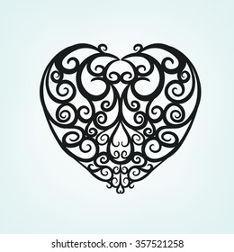 Beautiful vector illustration of a black decorative heart pattern in cute hand drawn style. Editable image on a light gray background useful for postcard, poster, placard or invitation design.