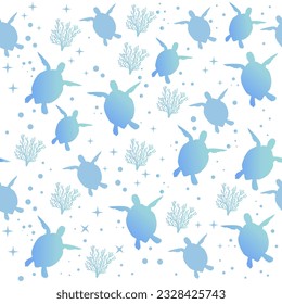 Beautiful vector illustration blue silhouette turtles on a white background seamless pattern