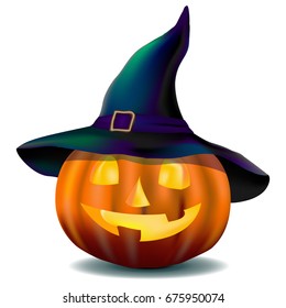 Beautiful vector illustration. Bright pumpkin in a magic hat