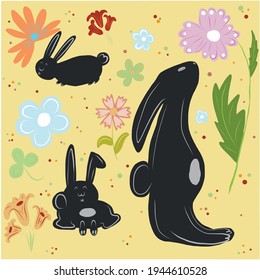Beautiful vector illustration of bunnies and flowers