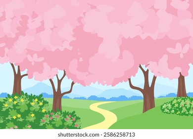 A beautiful vector illustration capturing the essence of spring with rolling hills and soft pink trees in full bloom.