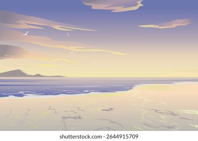 A beautiful vector illustration capturing a serene coastal landscape at either sunrise, sunset