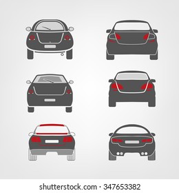 Beautiful Vector Illustration Of Car Images Useful For Icon And Logotype Design On A Light Background. Back View Silhouettes. Transportation Automotive Concept. Digital Pictogram Collection