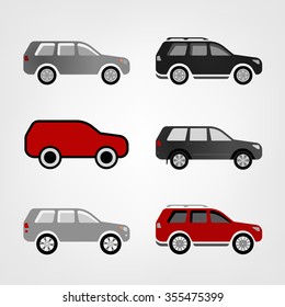 Beautiful vector illustration of car images useful for icon and logotype design on a light background. Profile view silhouettes. Transportation automotive concept. Digital pictogram collection