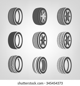 Beautiful vector illustration of car tires images useful for icon and logotype design on a light background. Realistic graphic style. Transportation automotive concept. Digital pictogram collection