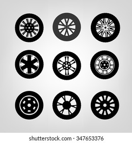 Beautiful vector illustration of car tires images useful for icon and logotype design on a light background. Modern graphic style. Transportation automotive concept. Digital pictogram collection