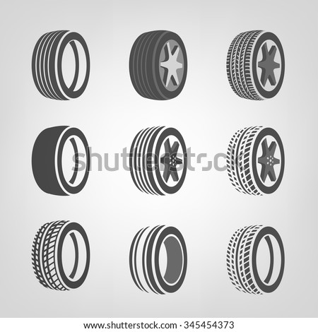 Beautiful vector illustration of car tires images useful for icon and logotype design on a light background. Realistic graphic style. Transportation automotive concept. Digital pictogram collection