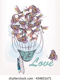 Beautiful vector illustration or card with air balloon created from dragonfly and butterflies in watercolor rustic style