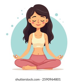 Beautiful vector illustration of a cartoon girl meditating in a peaceful pose. She sits cross-legged with a calm expression, closed eyes, and a gentle smile, wearing a stylish pastel-colored yoga out