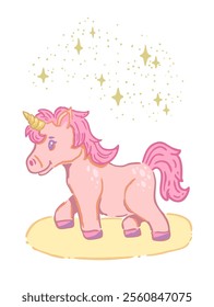 Beautiful vector illustration with charming pink unicorn with golden horn and stars on the white background