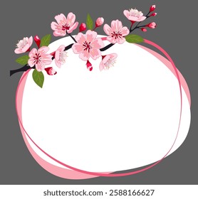 Beautiful vector illustration of cherry blossoms with pink petals and green leaves, perfect for spring-themed designs or backgrounds