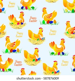 Beautiful vector illustration of chicken seamless pattern. Chicken with colorful eggs on the nest and on the grass. Happy Easter.
