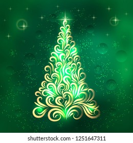 Beautiful vector illustration of a Christmas tree in green and gold colors. New Year card. Congratulation. Celebration. Winter. Snowflakes. Stars. Christmas tree from the ornament. Tattoo. Circuit. 