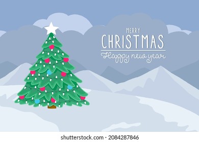 Beautiful vector illustration of Christmas tree decorated with spheres and white lights in a blue winter landscape with snow, clouds and mountains
