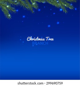 Beautiful vector illustration of christmas tree branches. Decorative elements for the New Year and Christmas postcards, posters and invitations on a deep blue background with stars and lights.