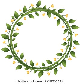 Hermosa Ilustración vectorial de una corona circular hecha de vides verdes y hojas, adornado con bayas brillantes en forma de corazón de color naranja. Ideal para tarjetas de San Valentín, invitaciones de boda, diseños ecológicos, saludos románticos y marcos temáticos de la naturaleza.