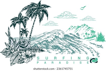 Beautiful vector illustration of coastal landscape with text related to surfing. Handmade drawing with free and uncluttered lines. Art for prints on t-shirts, posters, etc...